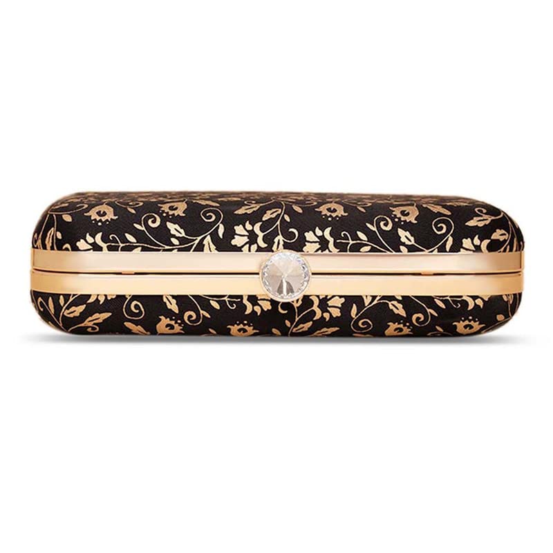 ZOUK Srinagar Garden Floral Printed Women's Mashru silk Black and Golden Clutch for iphone