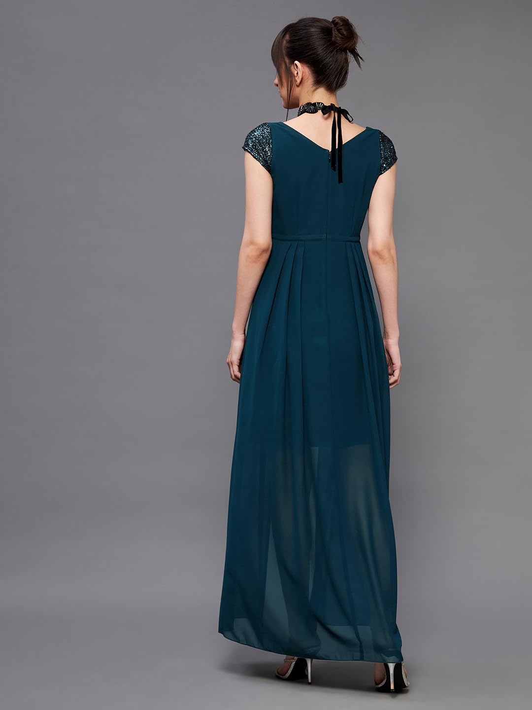 Miss Chase Women's Square Neck Short Sleeve Embellished Layered Maxi Dress (MCSS22D13-70-83-04, Teal, M)