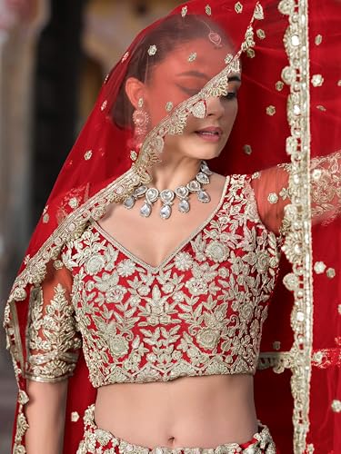 Zeel Clothing Women's Zari Sequins Embroidered Work Soft Net Lehenga Choli With Dupatta (6013-Women-Lehenga-Choli-Latest; Free size) (Yellow) (Red)