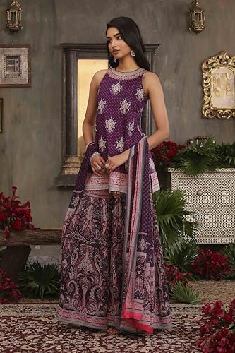 BIBA Women Purple Chanderi Digital Printed Garara Straight Suit Set_36