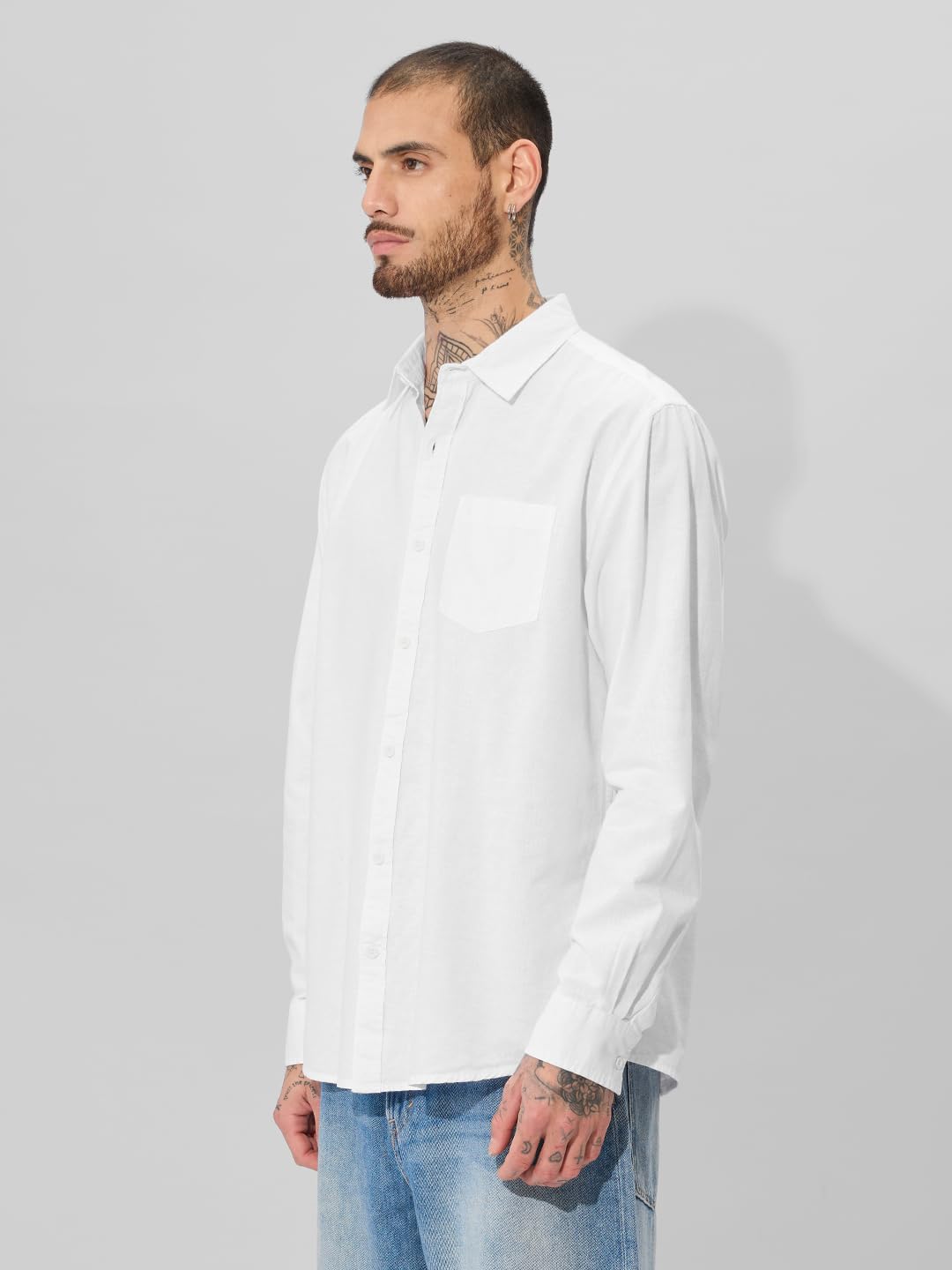 The Souled Store Solids: Pearl White Men and Boys Collared Neck Long Sleeve Button Front Regular Fit Cotton Linen Shirts Solid Shirts Casual Button-Down Full Sleeve Casual Workwear Fashionable Stylish