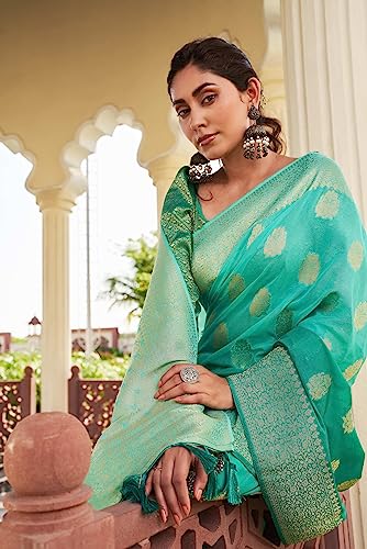 Vardha Women's Banarasi Georgette Saree with Unstitched Blouse Piece - Gold Zari Woven Work Sarees for Wedding (Mahika_677)
