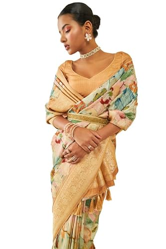 Soch Womens Gold Tussar Floral Print Saree With Zari Woven(8907175714256)