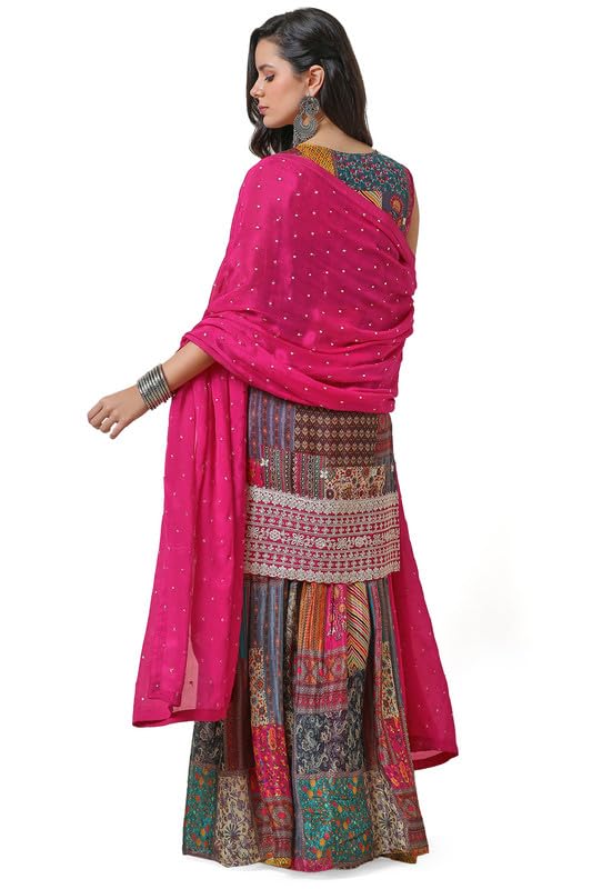 Soch Womens Fuchsia Chinon Abstract Print Suit Set with Zardosi