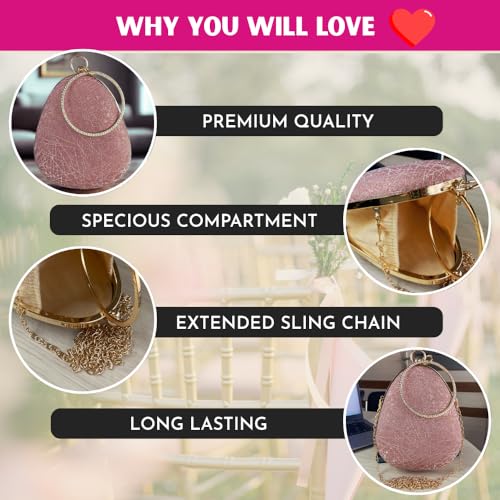 SLARA Clutch Purse for Women, Elegant Teardrop Design with Crystal Trim, Perfect for Bridal, Wedding, and Formal Events (Rose Gold)