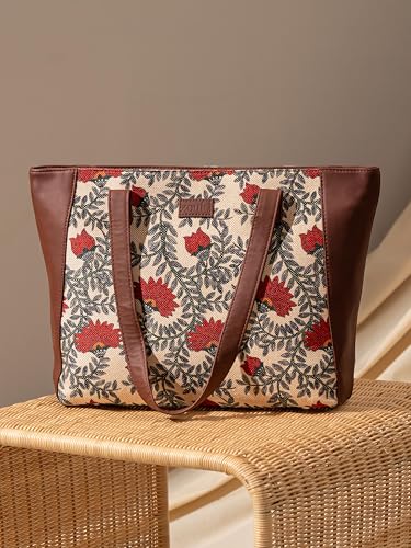 ZOUK Nawabi Couture Floral Printed Women Jute Vegan Leather Red & Beige Side Tote Bag For Ladies With Double Handle