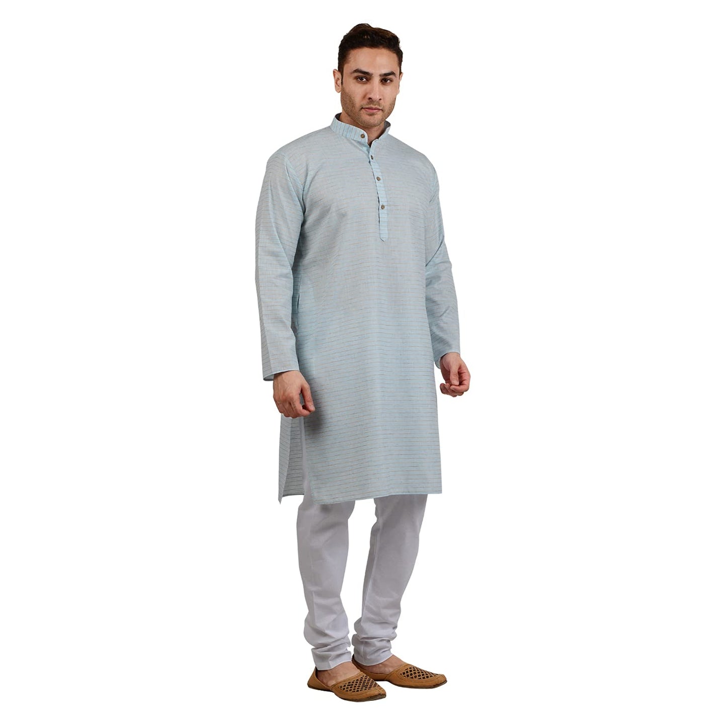 LUCKWIN Men's Cotton Linen Horizontal Stripe Kurta in Blue [LWKurta108-38]