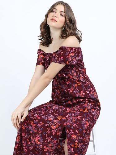 Tokyo Talkies Women Off Shoulder Neck Short Sleeve Maxi Dress TTJ6010774 Maroon S