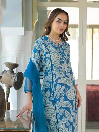 Divena Blue Rayon Floral Printed Kurta Pant with Dupatta