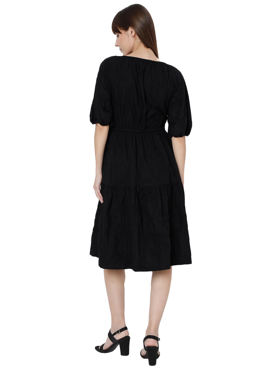 Vero Moda Women's Cotton Blend Fit and Flare Knee-Length Dress (9010103-Jet Black_Jet