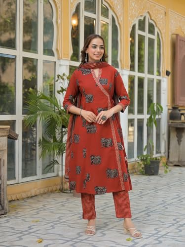 Divena Red Animal Print Cotton A-Line Kurta Pant with Dupatta