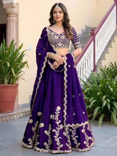 Zeel Clothing Women's Thread and Sequins Embroidered Work Silk Lehenga Choli With Dupatta (5135-Purple-Women-Lehenga-Choli-Latest; Free size) (Purple)