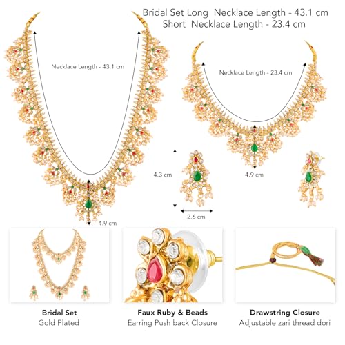 Peora Gold Plated Faux Emerald Faux Ruby & Beads Studded Choker & Long Necklace Earrings Set Ethnic Bridal Jewellery for Women