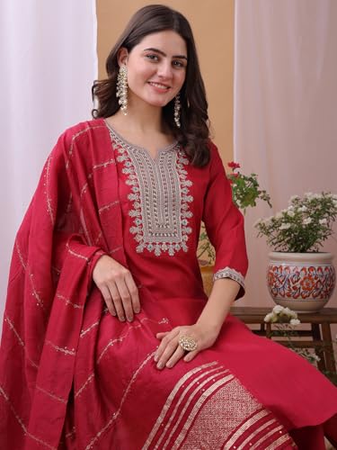 Hritika Pink Cotton Blend Embroidered Kurta with Pants and Dupatta Set | Ethnic Set | Suit Set | Kurta Set | Wedding Suit Set for Women