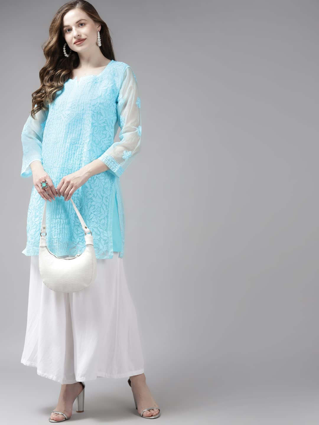 Ada Hand Embroidered Lucknowi Chikankari Women's Organza Kurti Tunic top with Slip A911166 (S, Blue)