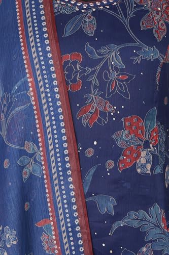 W for Woman Navy Blue Floral Printed Chiffon Noodle Straps Straight Kurta with Sharara and Dupatta Set - (WS13579-127193-S)