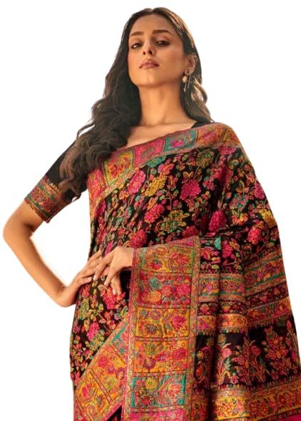 SAREE MALL Women's Black Cotton Silk Botanical Printed Saree With Unstitched Blouse (KSHMRI1002_GIF)