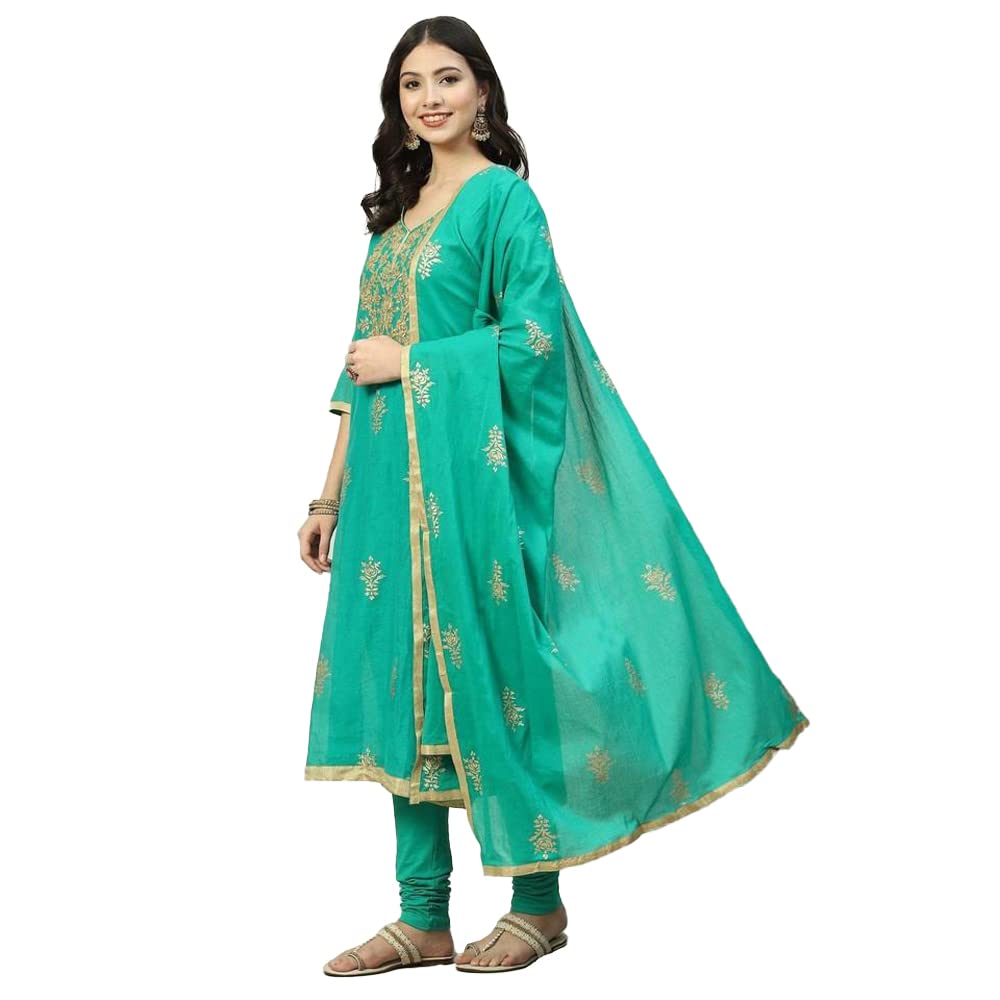 BIBA Cotton Women Printed Fitted Salwar Kurta Dupatta(Skdassorted7716_Green_38)