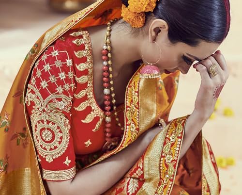 Monjolika Fashion Women's Traditional Zari Woven Banarasi Tissue Silk Saree Comes With Unstitched Blouse Piece (Amber)