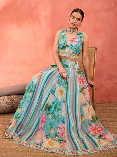 Shae by SASSAFRAS Women's Georgette Lehenga Choli (SHSET96357_Blue_XXL)