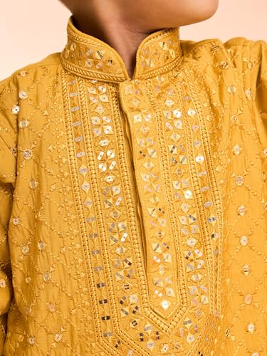 Manyavar Boys Viscose Blend Grid Embroidery & Sequins Kurta Pyjama Set (Mustard,2-3Y)