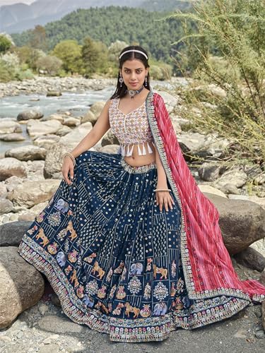 Divine Exim Women's Georgette Semi Stitched Lehenga Choli with Dupatta | Thread and Sequin Embroidery Pattern | Traditional, Wedding, Ethnic Wear Lehenga (Blue)