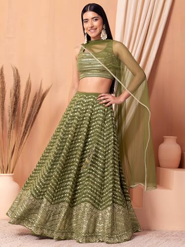 Zeel Clothing Women's Sequins Zari Embroidered Georgette Designer Lehenga Choli with Dupatta (7093-Green-Womens-Lehenga-Choli-Latest; Free Size) (Green)