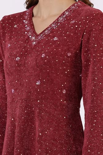 W for Women Maroon Solid Sequins Flared Dress for Women (Size: XL)-24NOW11846-314003A
