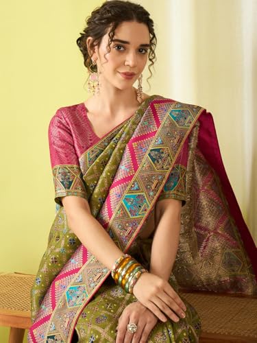 AKHILAM Women's Olive Viscose Silk Ethnic Motif Printed Saree With Unstitched Blouse Piece (MSTANI154B_HS)