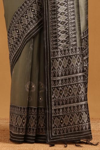 Soch Womens Olive Tussar Kantha Embroidered Saree With Mirror Work