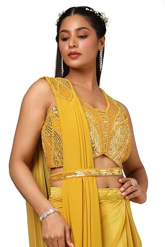 Soch Womens Mustard Nylon Blend Sequin Ready-To-Wear Saree With Belt