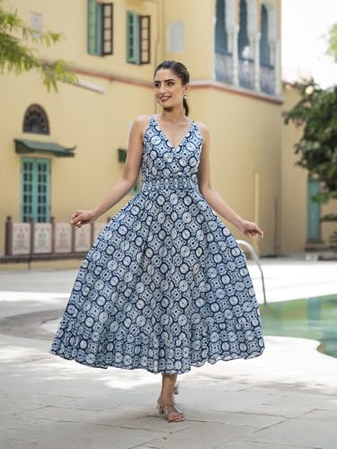 Divena Blue Floral Print Pure Cotton Fit & Flare Dress