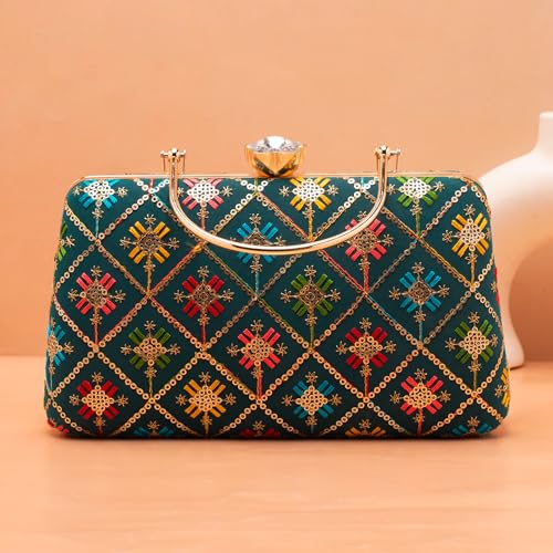 Artklim Dark Teal Based Sequins And Threadwork Embroidery Clutch Bag for Women