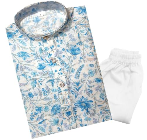 TinySteps Traditional Ethnic Wear Boys Printed Kurta With Sequence Work And White Cotton Elastic Waist Pajama Set (Blue)