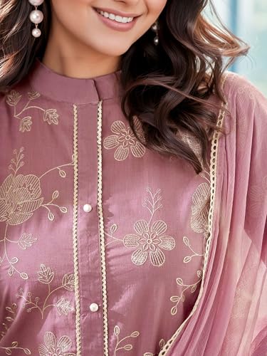 V4M Women's Lavender Pure Cotton Embroidered Floral Printed Straight Kurta Set With Dupatta