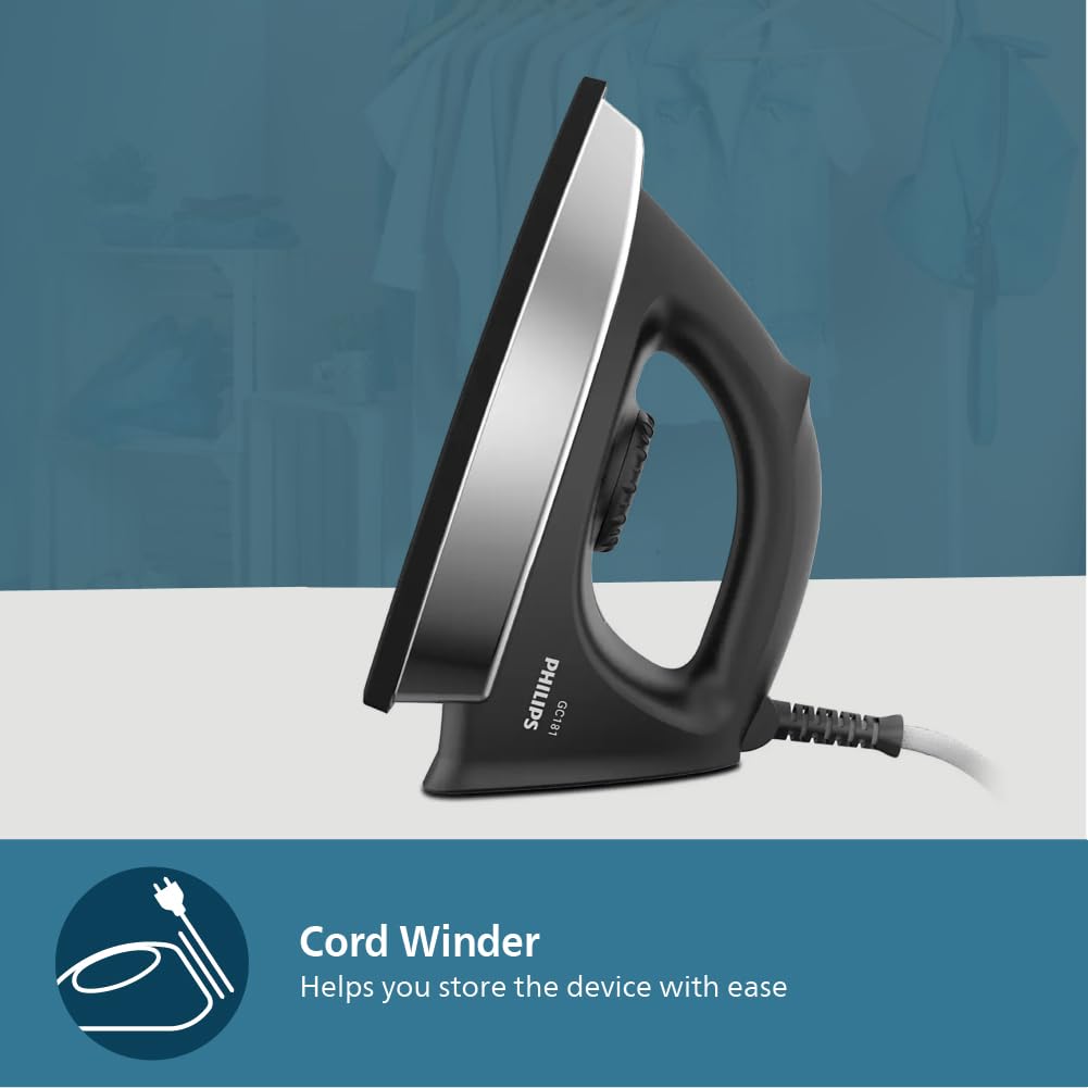 PHILIPS Stainless_Steel Heavyweight Dry Iron Gc181/8-1000 Watts Power, Black Non-Stick Soleplate, Ergonomic Grip