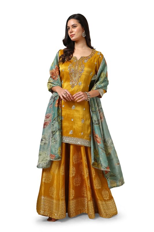 Soch Womens Mustard Tissue Suit Set With Sequins