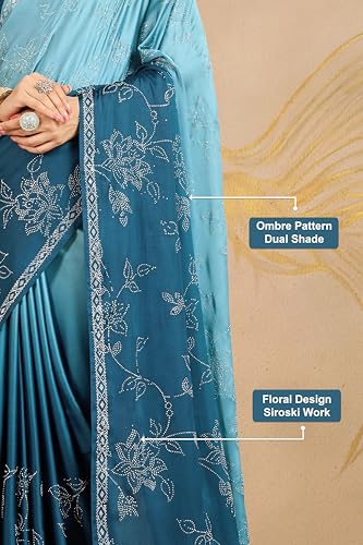 TRENDMALLS Women's Satin Siroski Work Ombre Pattern Dual Shade Saree with Unstitch Blouse Piece (K1243-Morpeach-)