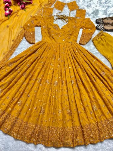 Fashion Basket Women's Faux Georgette Embroidered Yellow Anarkali Gown with Dupatta (X-Large)