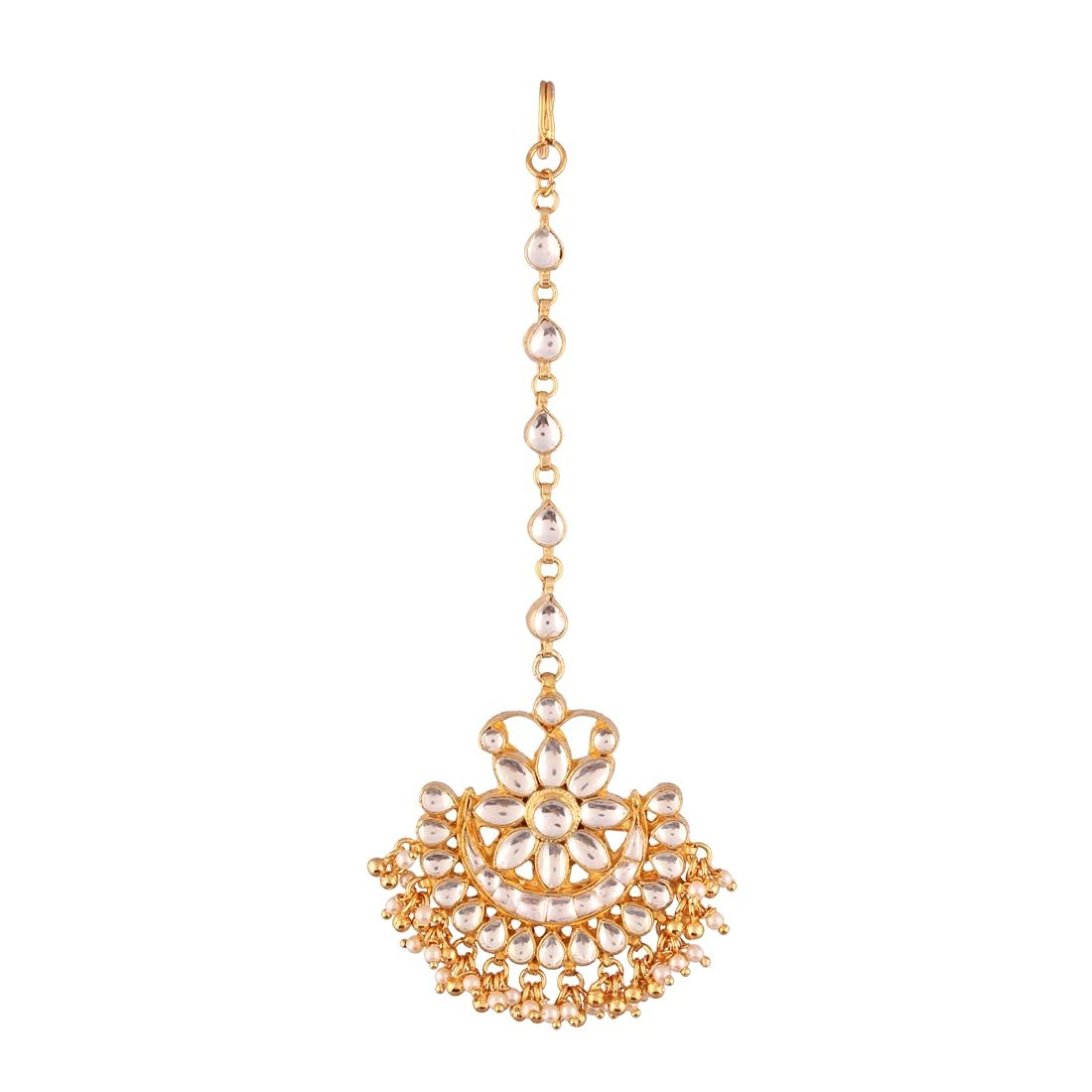 ACCESSHER Traditional White Jadau Kundan and Pearl Chaandbali Style Maang Tika for Women