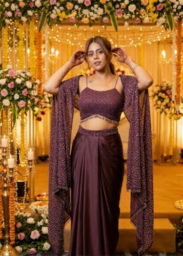 Indo-Era Women's Readymade Designer Lehenga Choli Set - Ready to Wear Plum Mauve Georgette Sequence Work Choli with Pre-Stitched Drape Skirt & Shrug Dupatta - Perfect for Weddings & Receptions