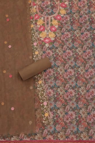 Soch Womens Olive Chanderi Floral Print Unstitched Dress Material With Thread Work