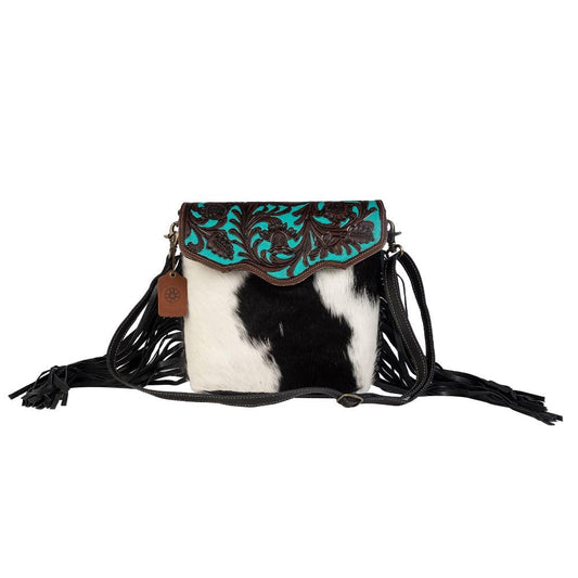 Myra Bag Aqua Hand-Tooled Bag Upcycled Cotton & Cowhide Leather S-2856