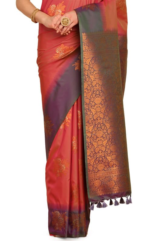Soch Womens Pink Floral Zari Woven Design Silk Blend Saree With Tassels
