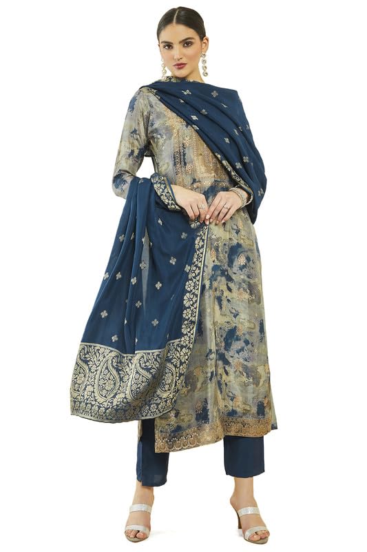 Soch Womens Navy Blue Brocade Abstract Print Suit Set with Zari Woven Dupatta