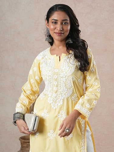 Ada Hand Embroidered Lucknowi Chikankari Cotton Kurta Kurti Tunic for Women A411696 Yellow (4XL)