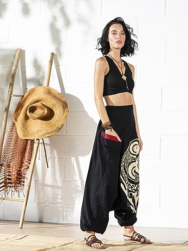 The Veshti Company High Rise Low Crotch Printed Cotton Yoga Harem Relaxed Pants For Women's, Hippie Style Baggy Palazzo Pant, Lunar Rift Black-Beige, M