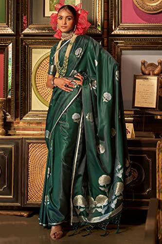 SGF11 Women's Kanjivaram Satin Zari Woven Soft Silk Saree With Blouse Piece (Dark Green)