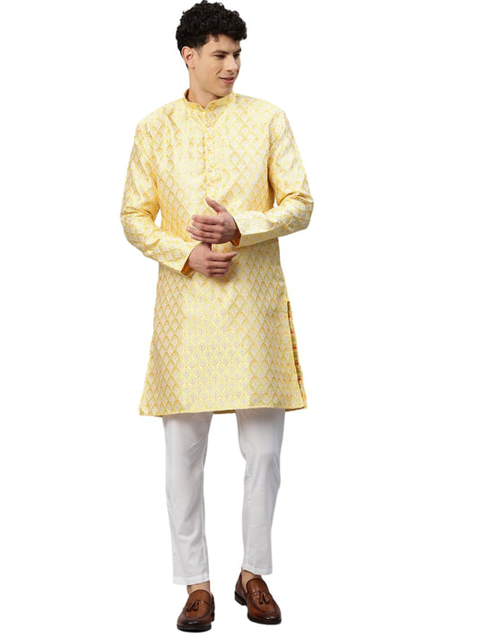 Luxrio Men's Silk Blend Jacquard Self Embroidered Textured Ethinc Motifs Traditional Long Kurta Full Sleeves Yellow Size L