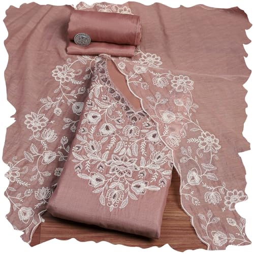 Biba Women Beige Mul Chanderi Blend Hand Embroidered Unstitched Suit Set_FREE SIZE
